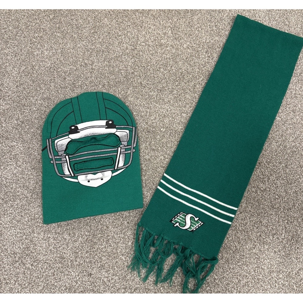 Saskatchewan Roughriders CFL Helmet Toque & Pilsner Scarf Green 2 Piece Lot